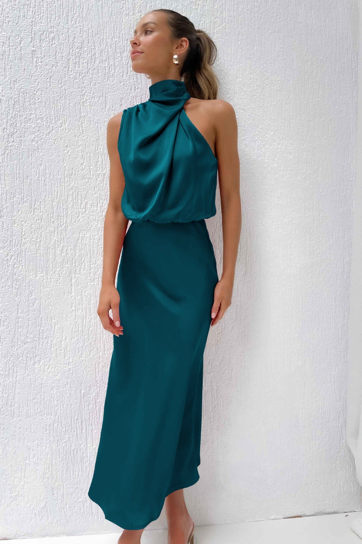 Carlina | Long Satin Wedding Guest Maxi Dress with Halter Neck