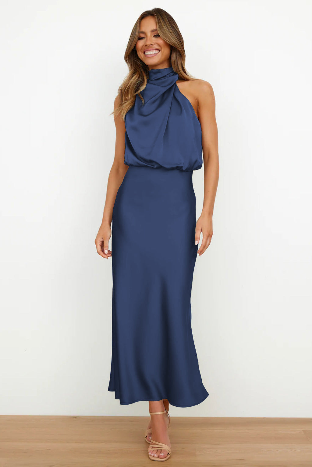 Carlina | Long Satin Wedding Guest Maxi Dress with Halter Neck