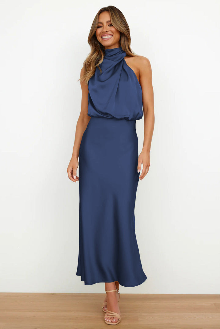 Carlina | Long Satin Wedding Guest Maxi Dress with Halter Neck