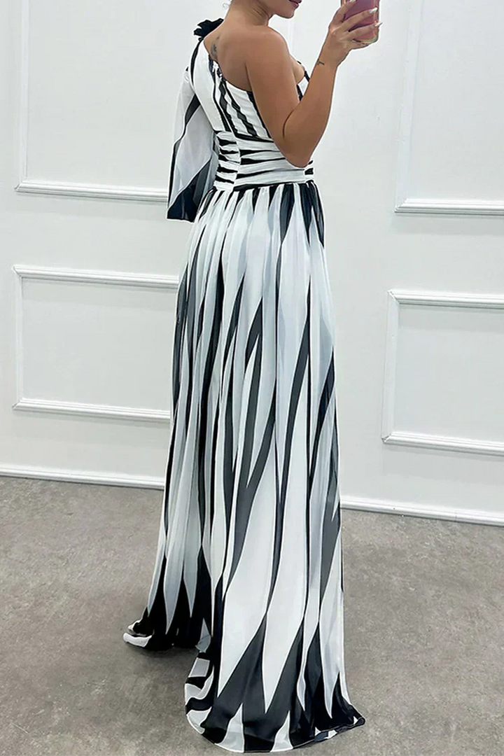 Shiloh - Elegant Striped Wedding Guest Maxi Dress with One Shoulder