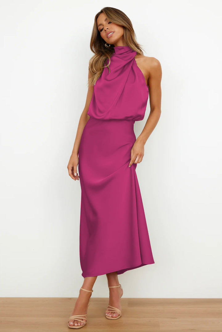 Carlina | Long Satin Wedding Guest Maxi Dress with Halter Neck