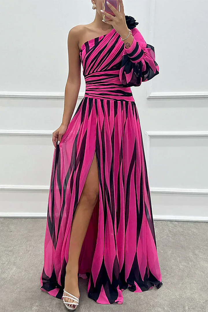 Shiloh - Elegant Striped Wedding Guest Maxi Dress with One Shoulder