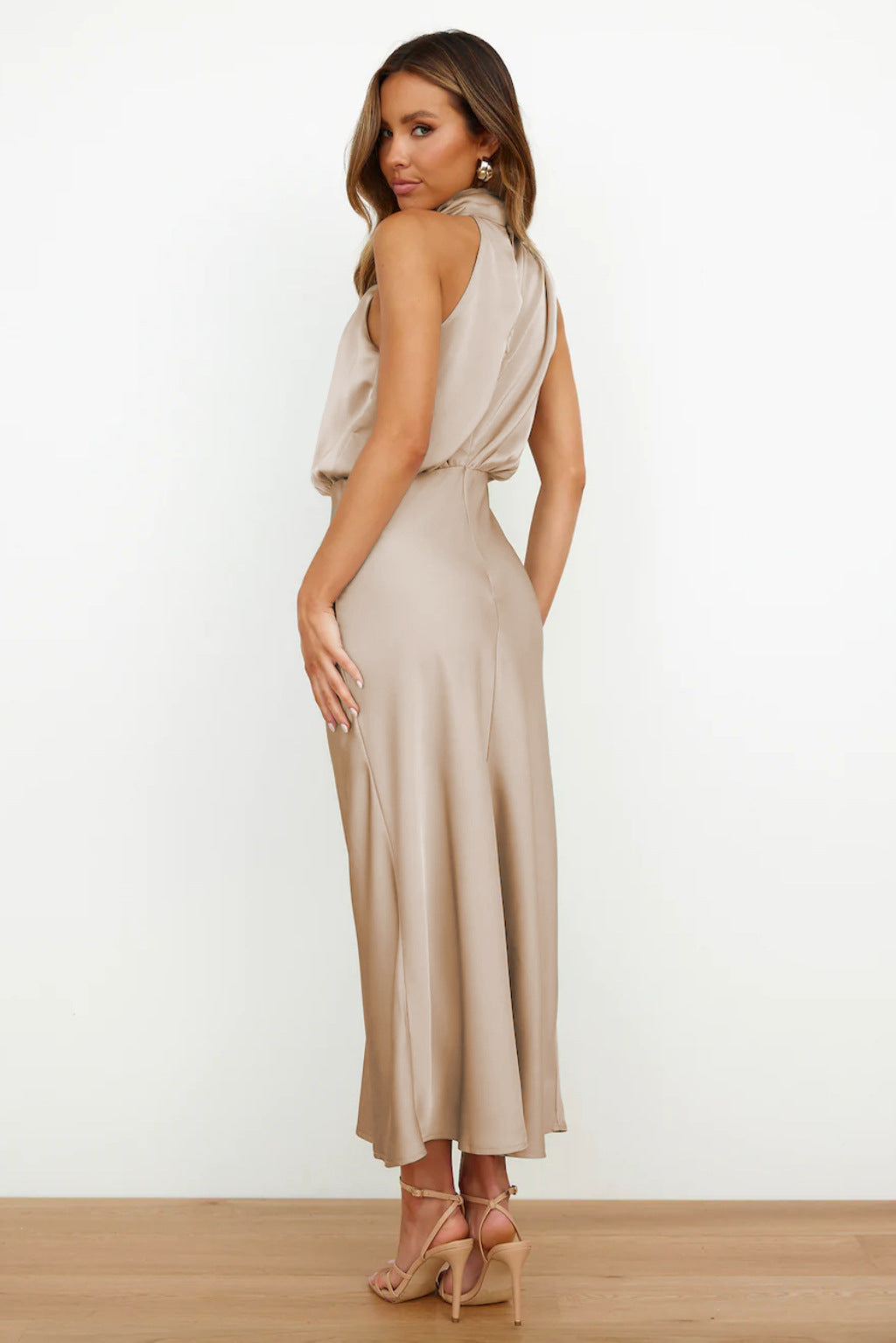 Carlina | Long Satin Wedding Guest Maxi Dress with Halter Neck