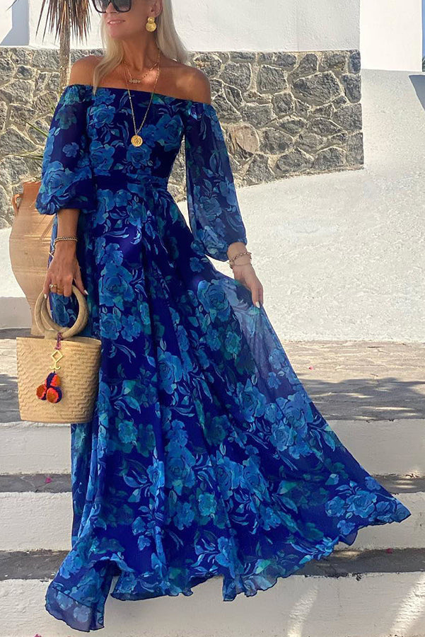 Francesca - Elegant Wedding Guest Maxi Dress with floral print and off-the-shoulder sleeves
