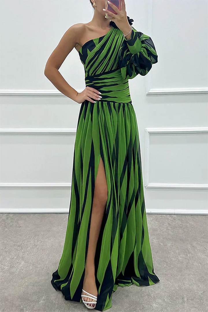 Shiloh - Elegant Striped Wedding Guest Maxi Dress with One Shoulder