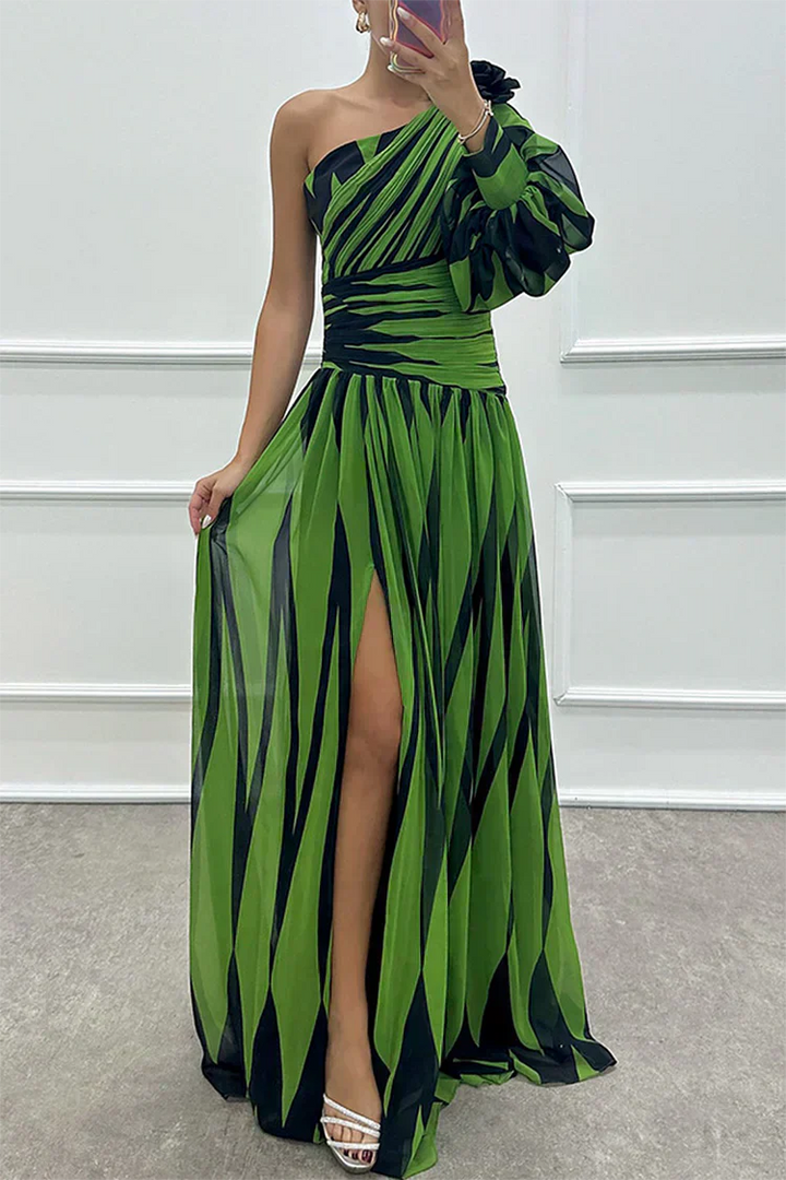 Shiloh - Elegant Striped Wedding Guest Maxi Dress with One Shoulder