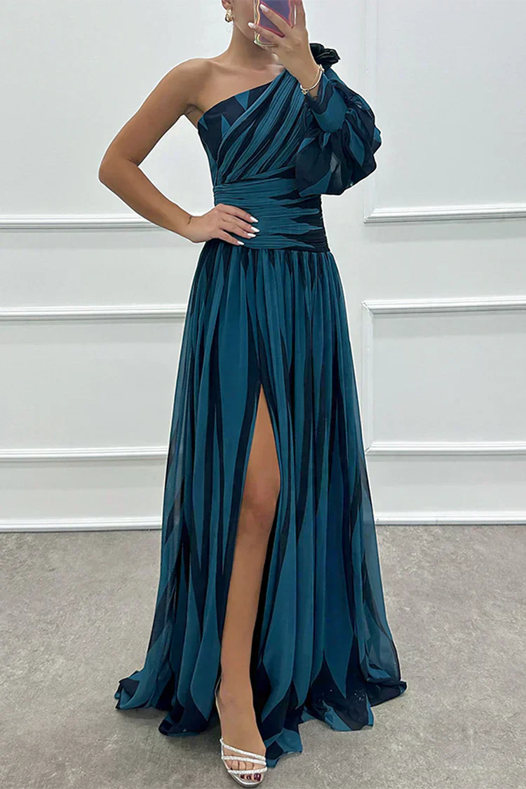 Shiloh - Elegant Striped Wedding Guest Maxi Dress with One Shoulder