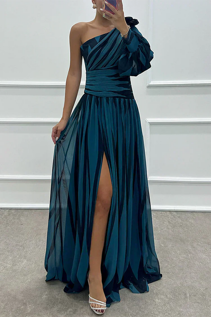 Shiloh - Elegant Striped Wedding Guest Maxi Dress with One Shoulder