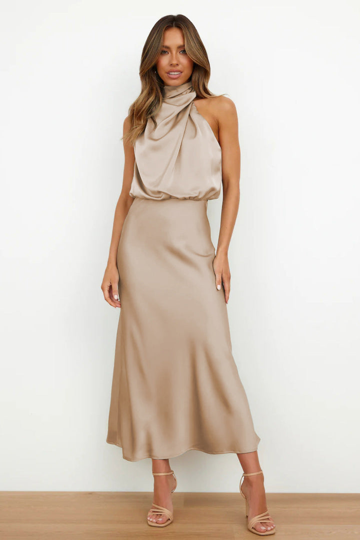Carlina | Long Satin Wedding Guest Maxi Dress with Halter Neck